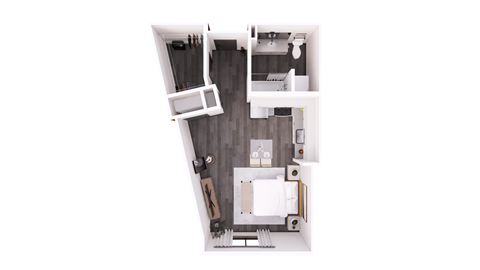 a floor plan of a studio apartment with a bedroom and a living room